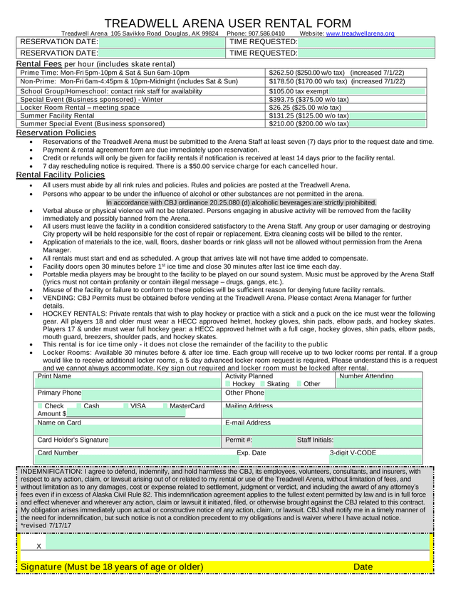 TREADWELL ARENA USER RENTAL FORM screenshot