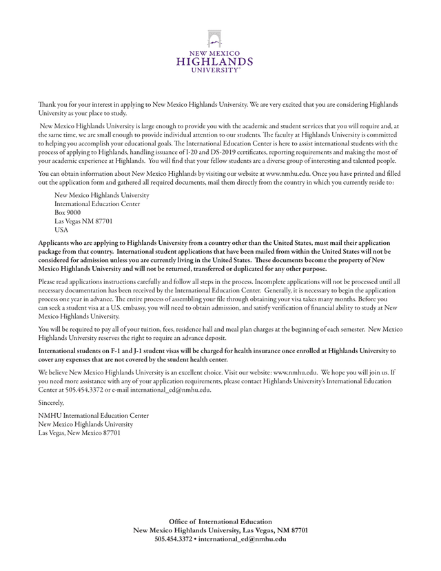International Student Application Instructions screenshot