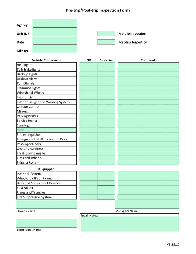 Pre TripPost Trip Inspection Form screenshot
