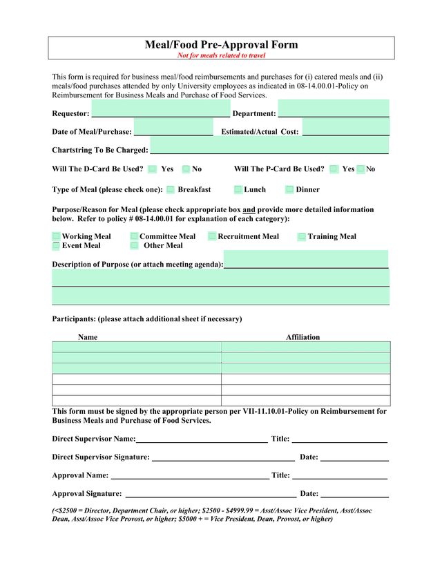 MealFood Pre Approval Form screenshot