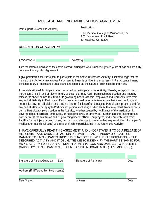 Release And Indemnification Agreement screenshot