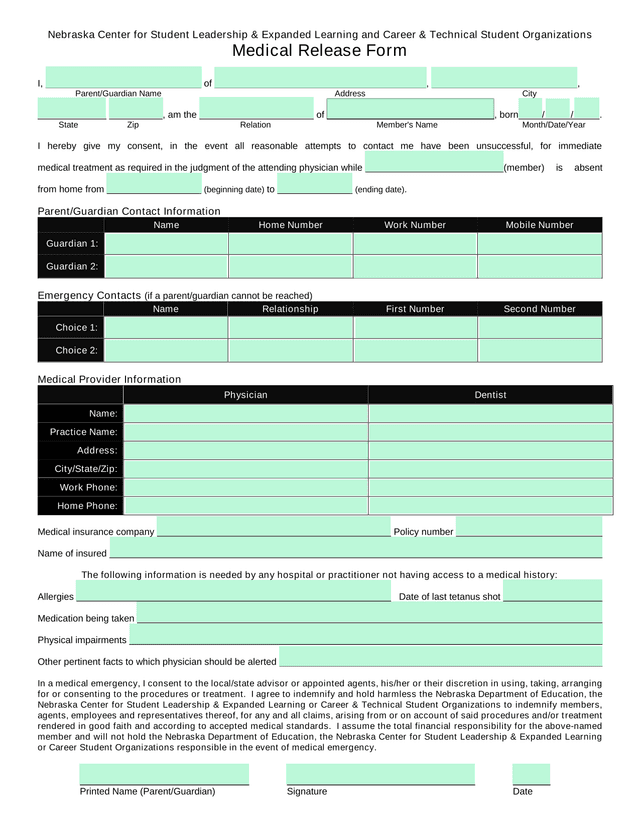 Medical Release Form screenshot