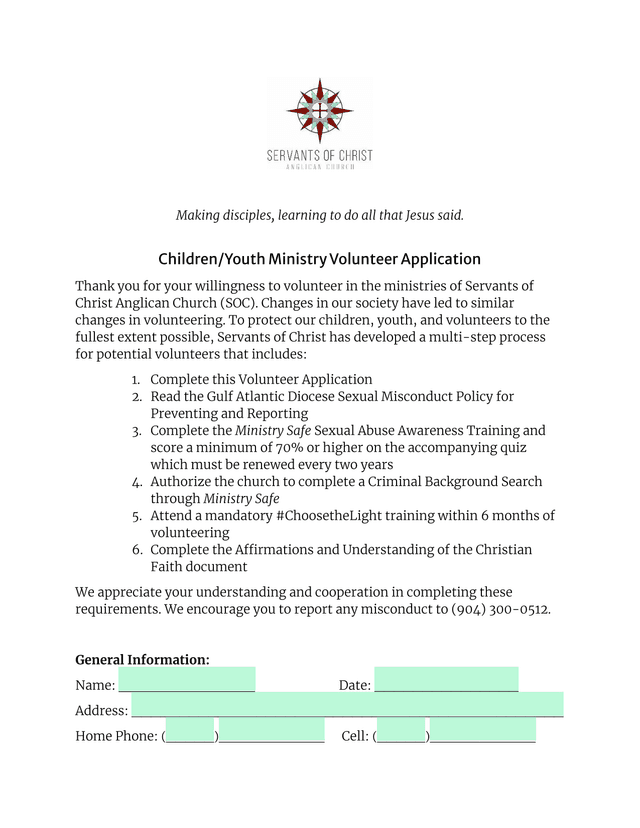 ChildrenYouth Ministry Volunteer Application screenshot