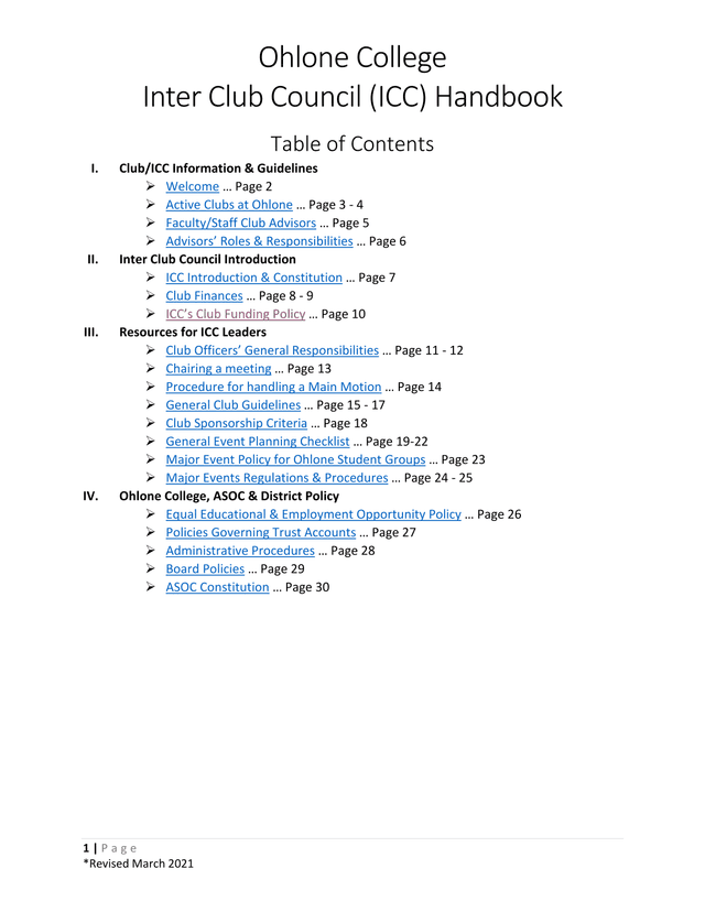 Ohlone College Inter Club Council (ICC) Handbook screenshot