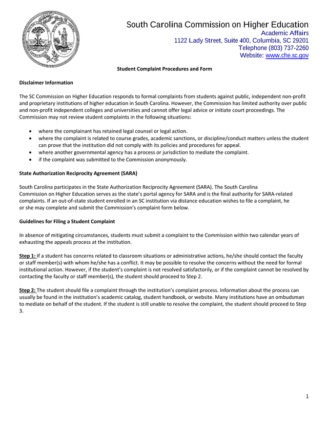 Student Complaint Procedures And Form screenshot