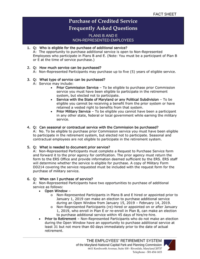 Purchase Of Credited Service Frequently Asked Questions Plans B And E Non Represented Employees screenshot