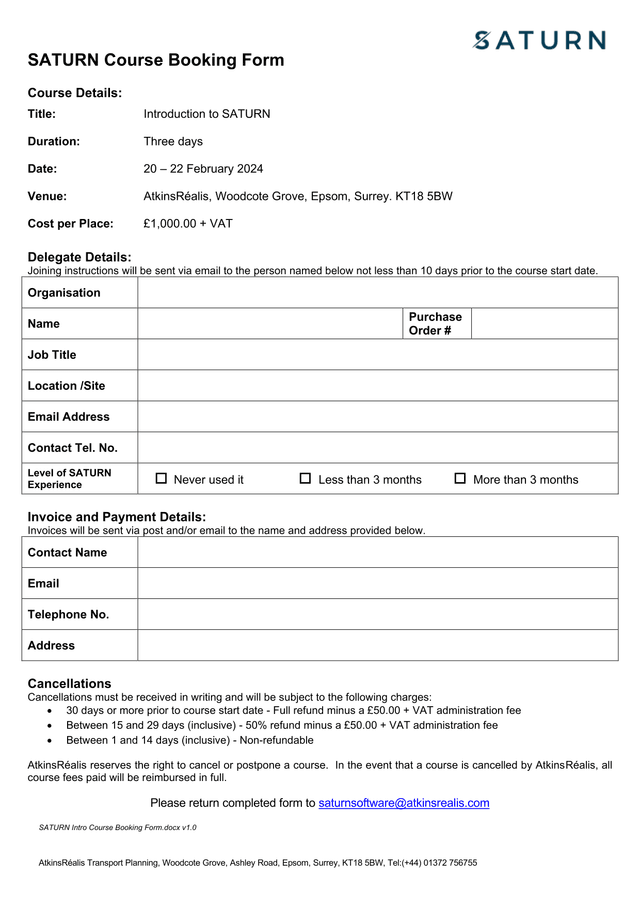 SATURN Course Booking Form screenshot