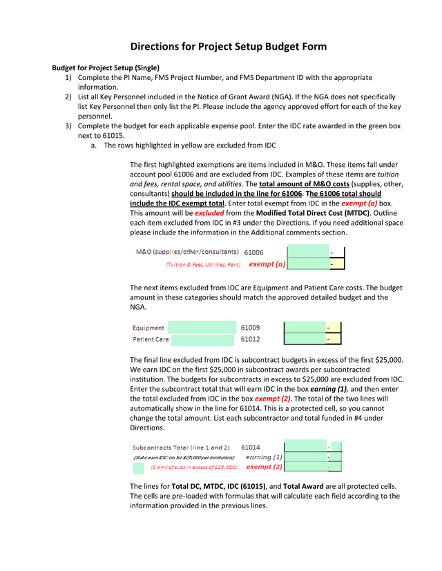 Project Setup Budget Form screenshot