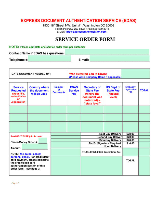 EDAS Service Order Form screenshot