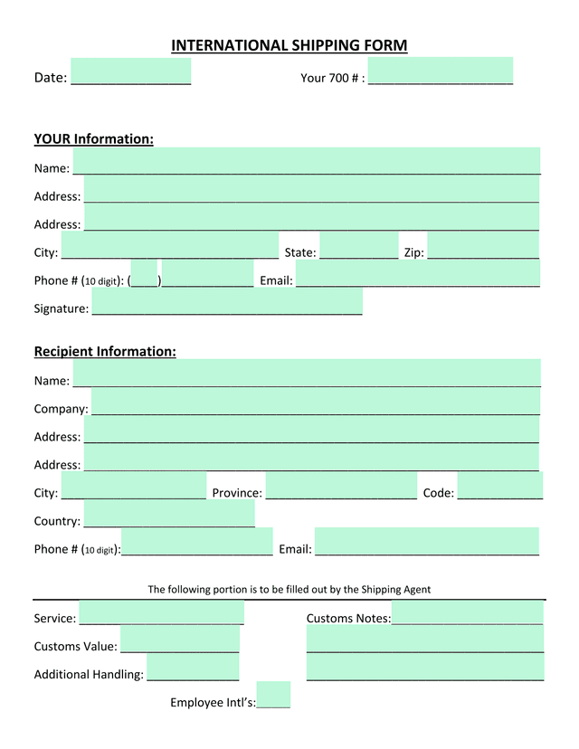 International Shipping Form screenshot