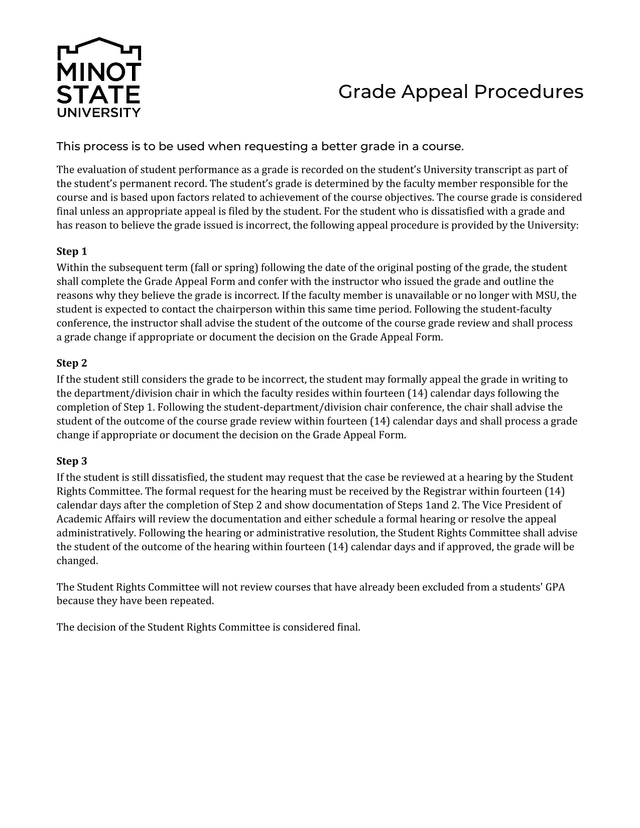 Grade Appeal Procedures screenshot