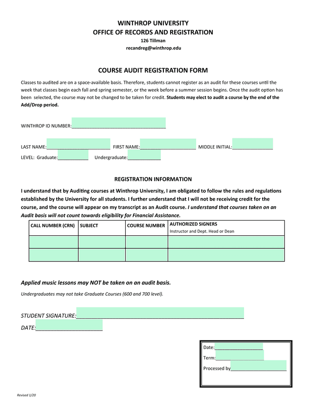 Course Audit Registration Form screenshot