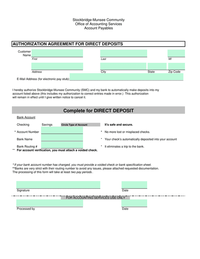 Authorization Agreement For Direct Deposits screenshot