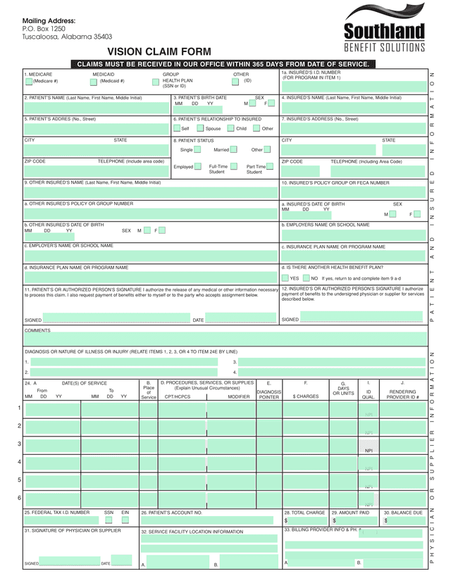 VISION CLAIM FORM screenshot