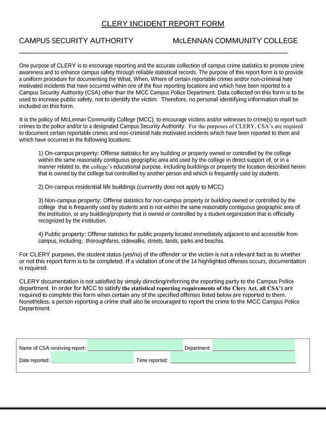 CLERY INCIDENT REPORT FORM screenshot
