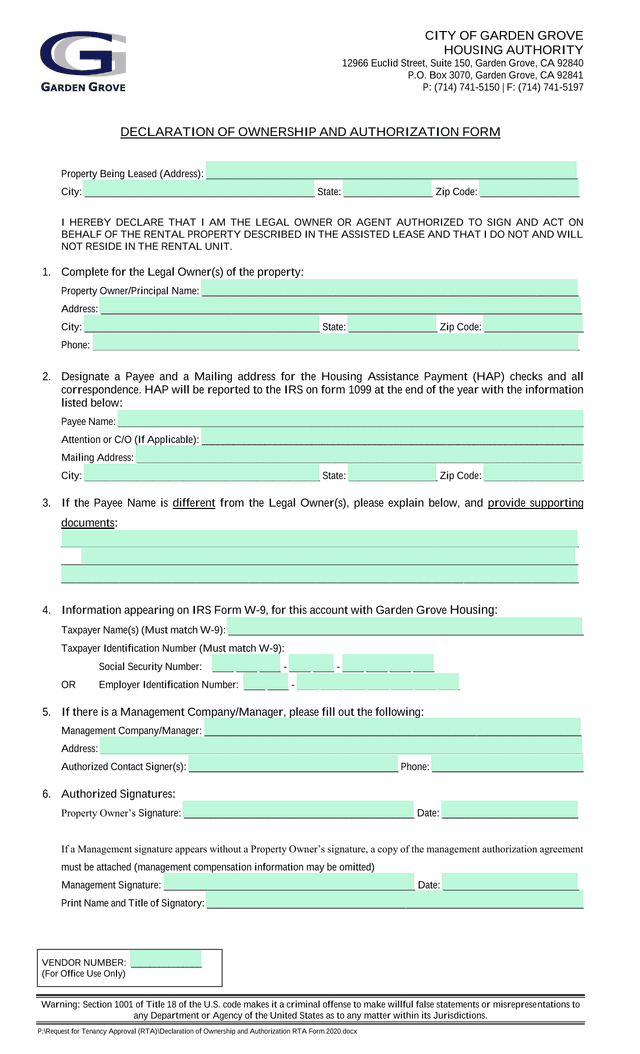Declaration Of Ownership And Authorization Form screenshot