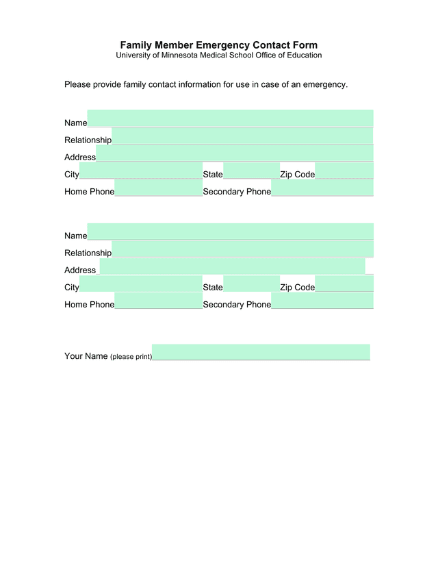 Family Member Emergency Contact Form screenshot