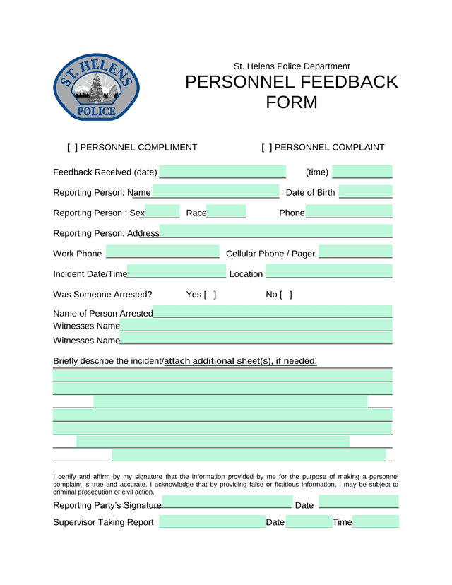 Personnel Feedback Form screenshot