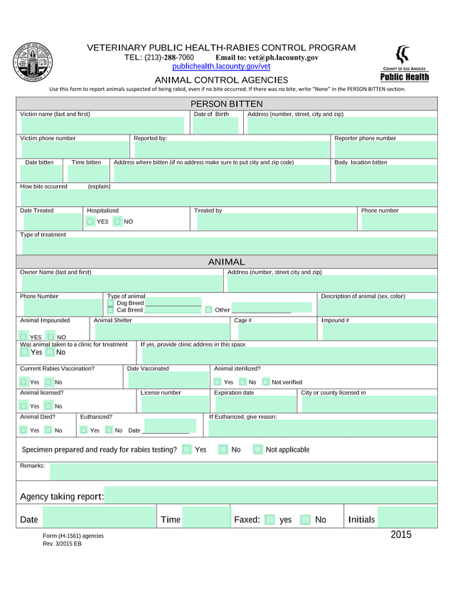 Veterinary Public Health   Rabies Control Program Report Form screenshot