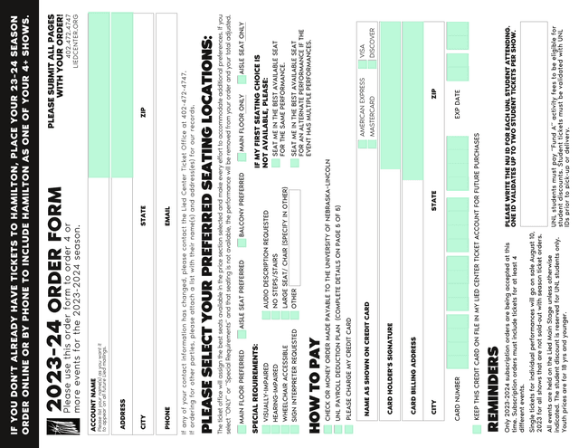 Lied Center Subscription Order Form screenshot