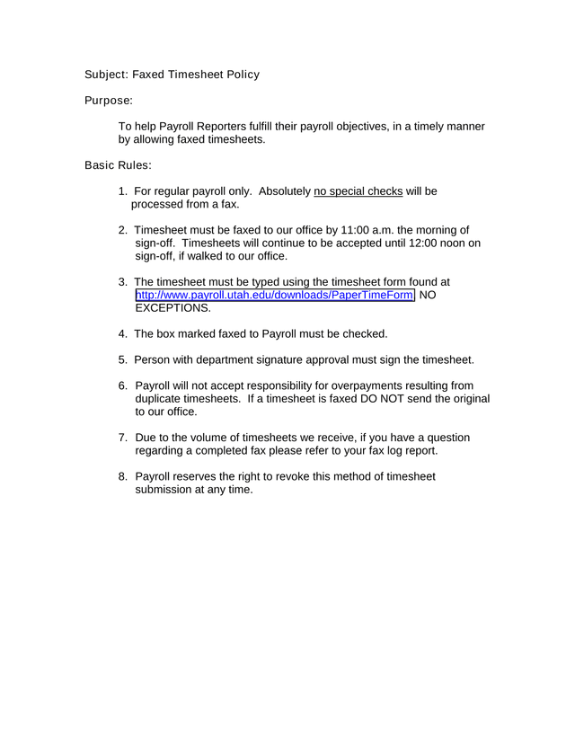 Faxed Timesheet Policy screenshot