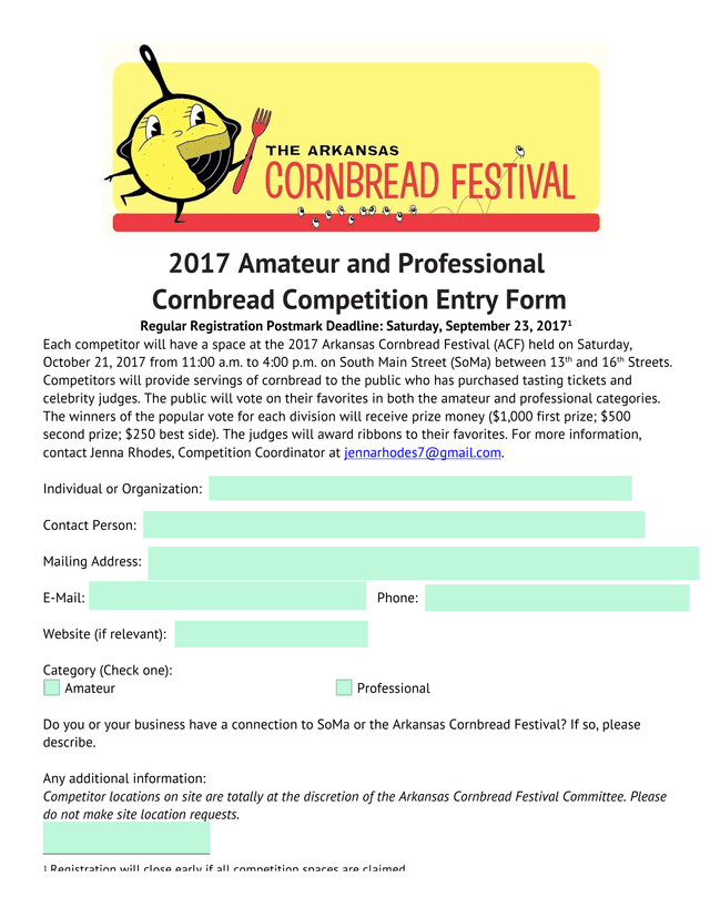 2017 Amateur And Professional Cornbread Competition Entry Form screenshot