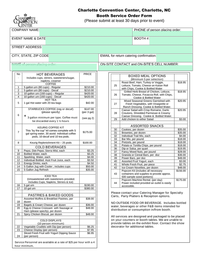 Charlotte Convention Center Booth Service Order Form screenshot