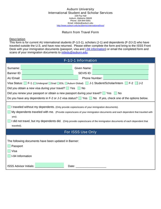 Return From Travel Form screenshot