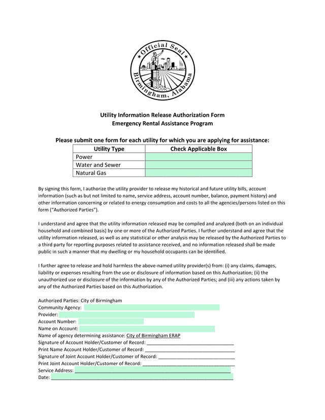 Utility Information Release Authorization Form screenshot
