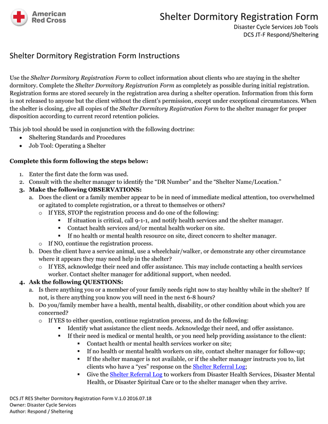 Shelter Dormitory Registration Form screenshot