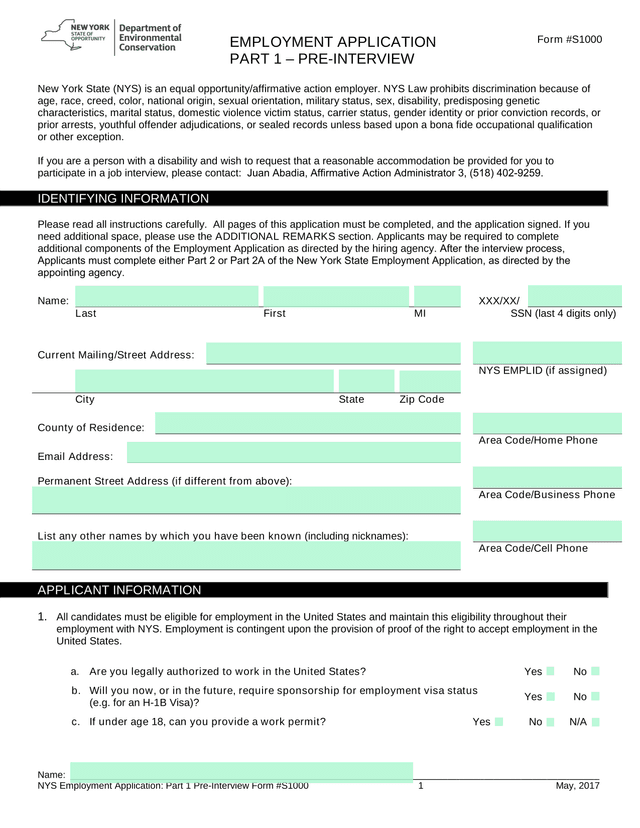 EMPLOYMENT APPLICATION PART 1  PRE INTERVIEW screenshot