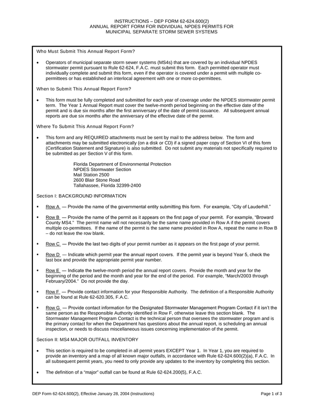 DEP FORM 62 624.600(2) Annual Report Form For Individual NPDES Permits For Municipal Separate Storm  screenshot
