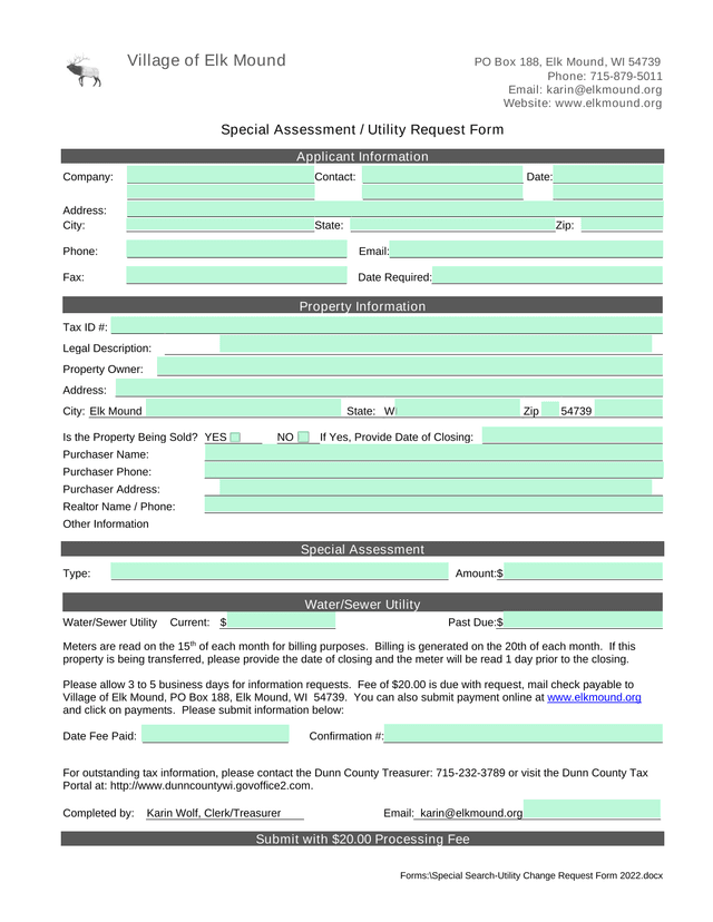Special Assessment  Utility Request Form screenshot