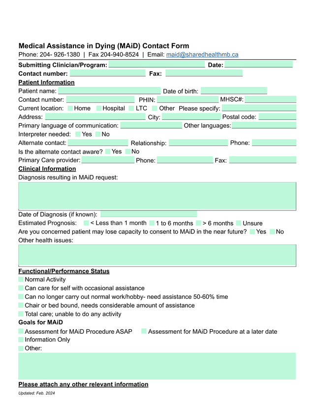 Medical Assistance In Dying (MAiD) Contact Form screenshot