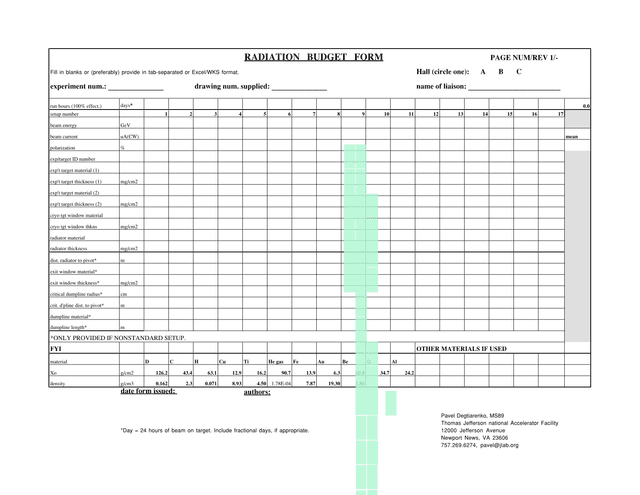 RADIATION BUDGET FORM screenshot