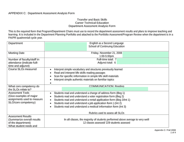 Department Assessment Analysis Form screenshot