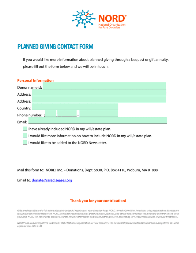 PLANNED GIVING CONTACT FORM screenshot