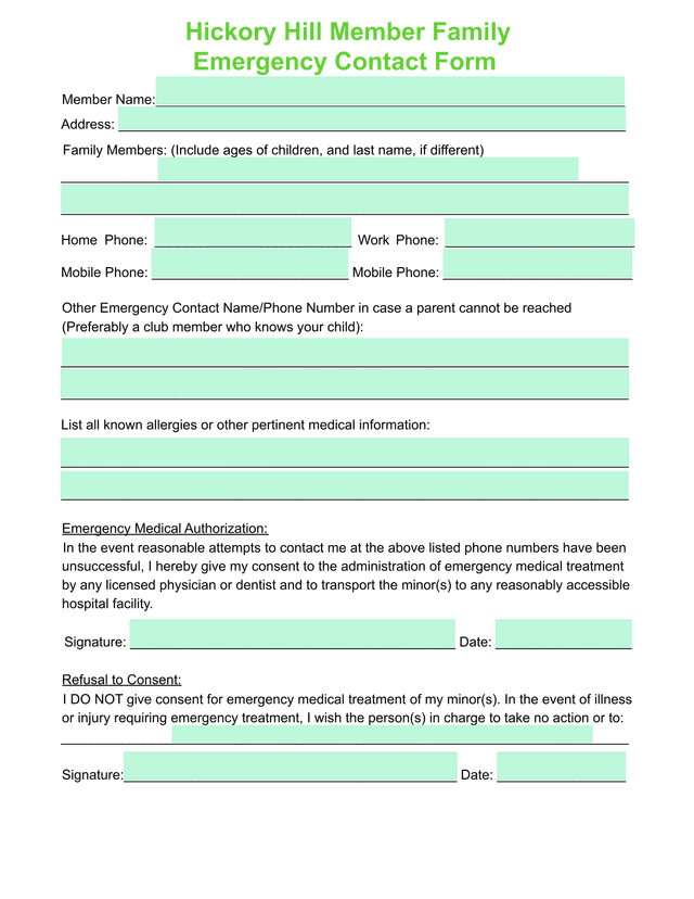 Hickory Hill Member Family Emergency Contact Form screenshot