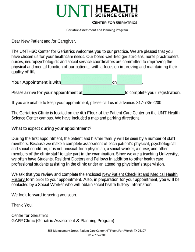 Geriatric Assessment And Planning Program Patient Welcome Packet screenshot