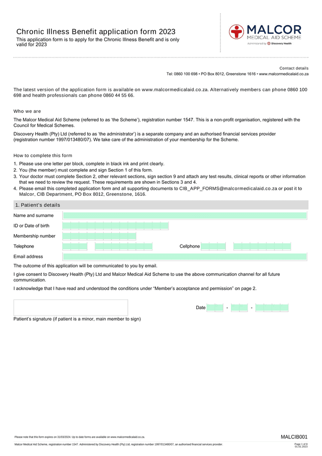 Malcor Medical Aid Scheme Application Form screenshot