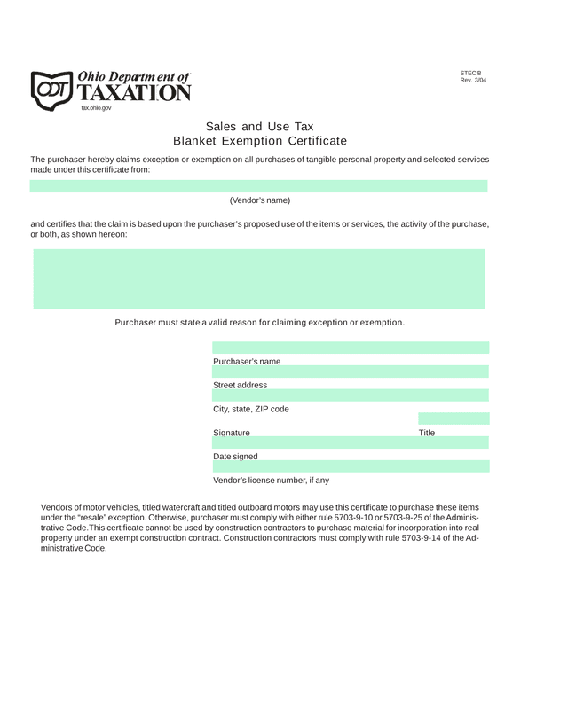 Sales And Use Tax Blanket Exemption Certificate screenshot
