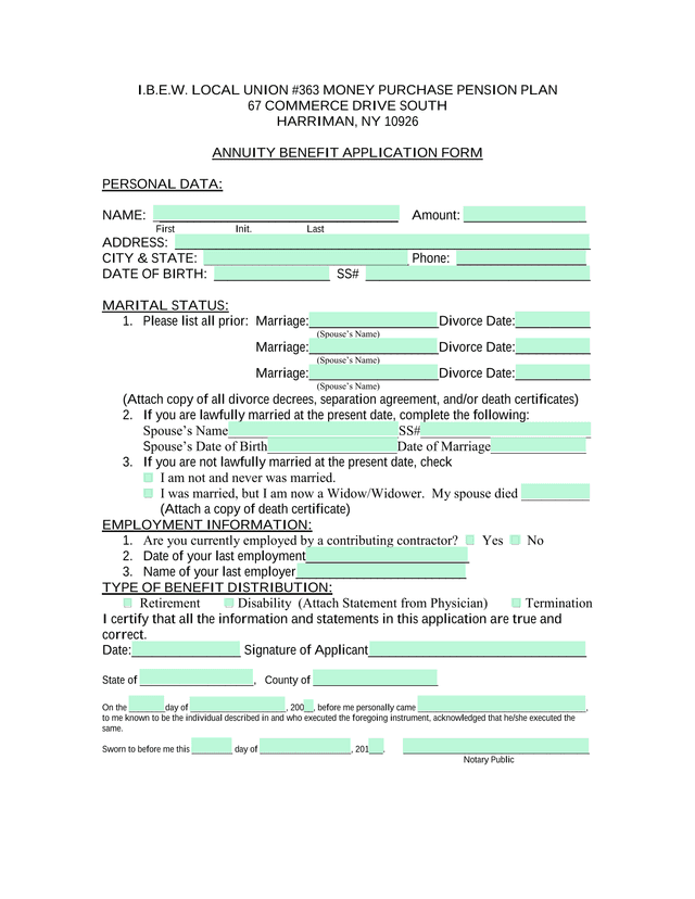 I.B.E.W. LOCAL UNION 363 MONEY PURCHASE PENSION PLAN Annuity Benefit Application Form screenshot