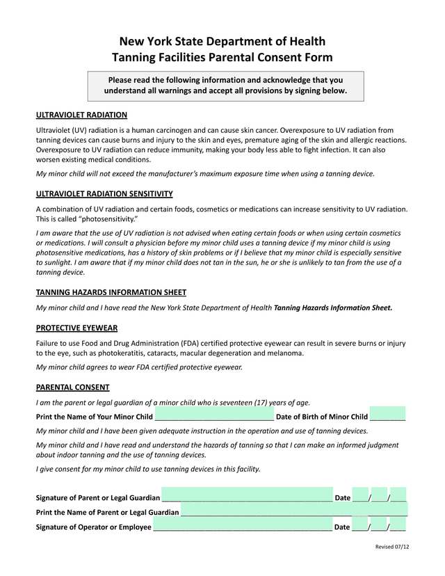 Tanning Facilities Parental Consent Form screenshot