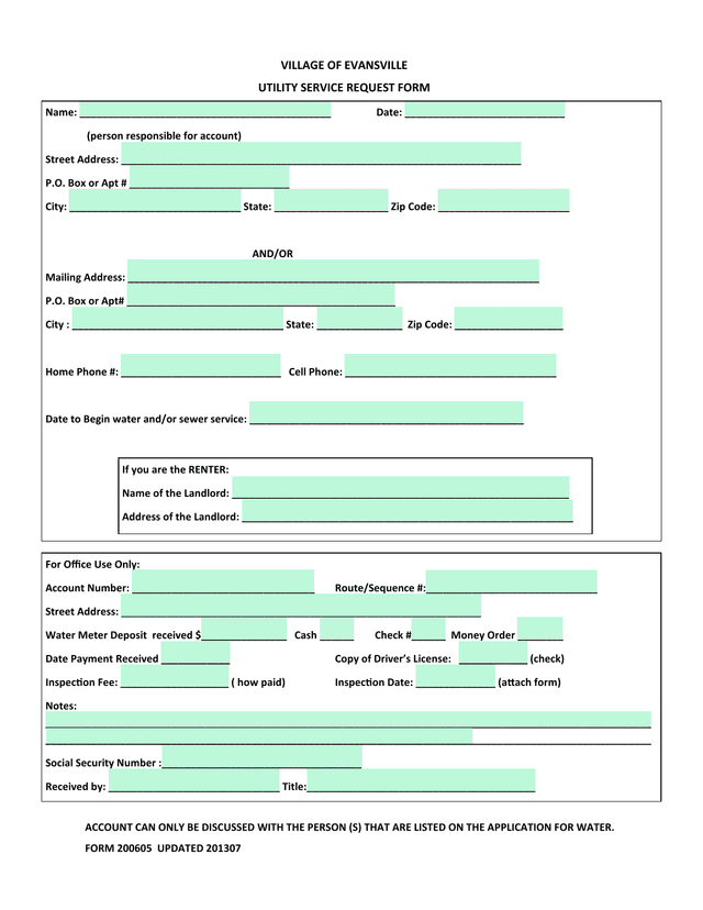 VILLAGE OF EVANSVILLE UTILITY SERVICE REQUEST FORM screenshot