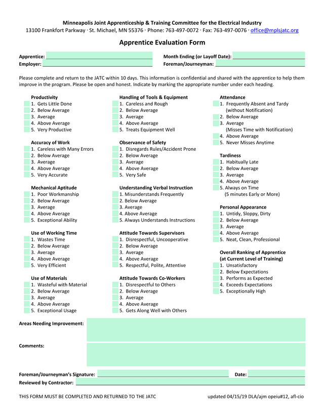 Apprentice Performance Evaluation Form screenshot