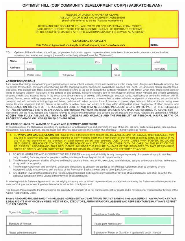 Release Of Liability, Waiver Of Claims, Assumption Of Risks And Indemnity Agreement screenshot