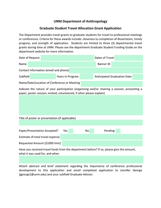 UNM Department Of Anthropology Graduate Student Travel Allocation Grant Application screenshot