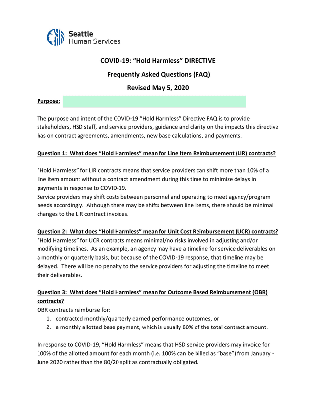 COVID 19 Hold Harmless DIRECTIVE Frequently Asked Questions (FAQ) screenshot