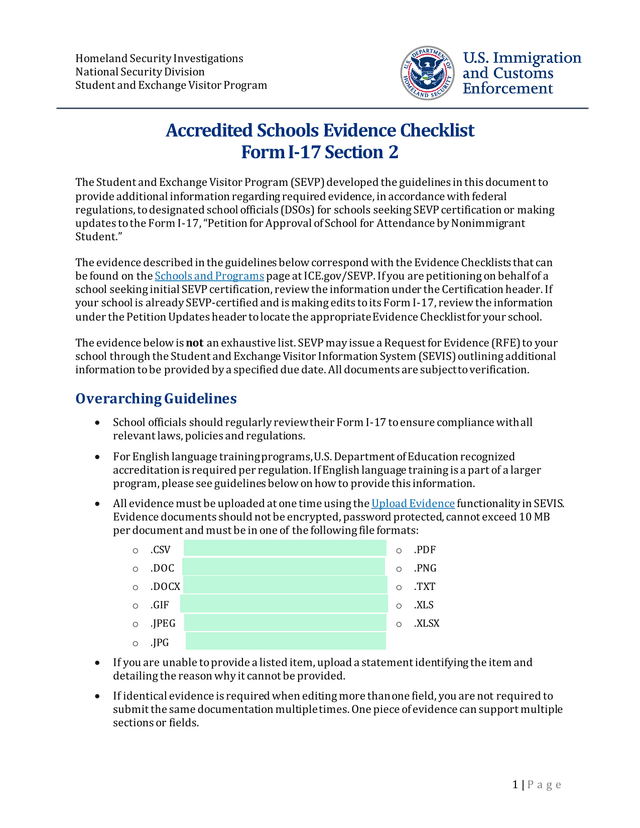 Accredited Schools Evidence Checklist Form I 17 Section 2 screenshot