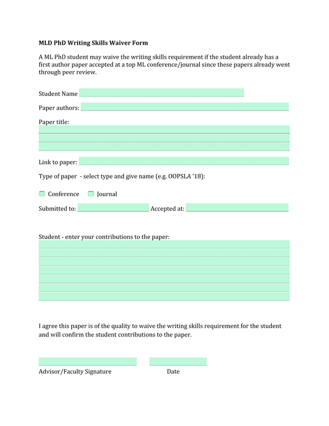 MLD PhD Writing Skills Waiver Form screenshot
